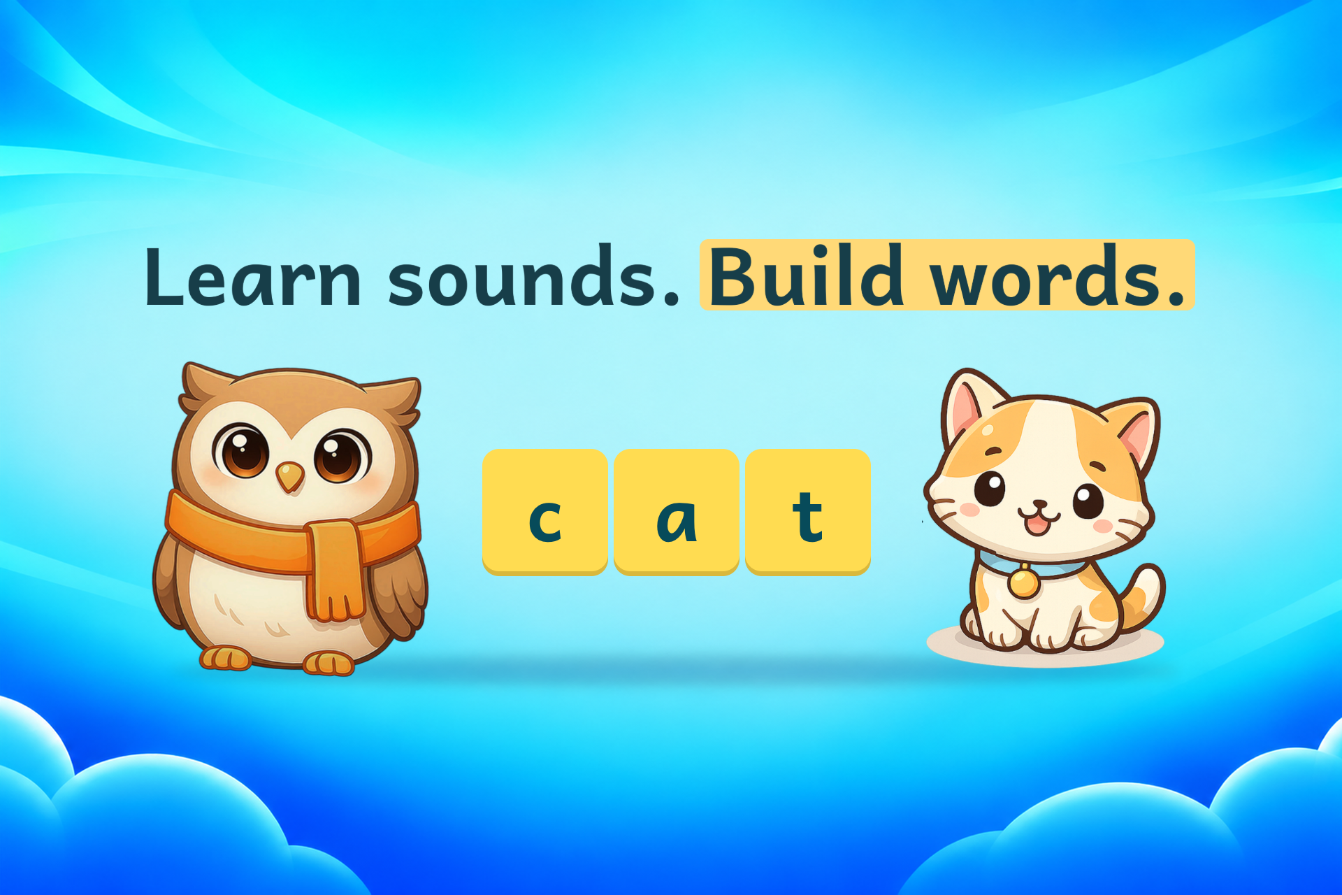 Las letras inglesas c, a y t se unen para formar cat (gato), y aparece un gatito.