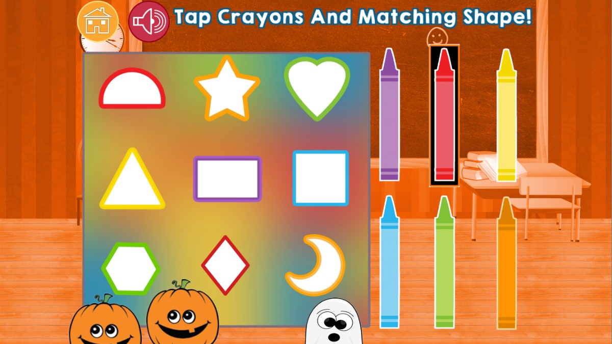 Colour matching game with nine outlined shapes and six colourful crayons