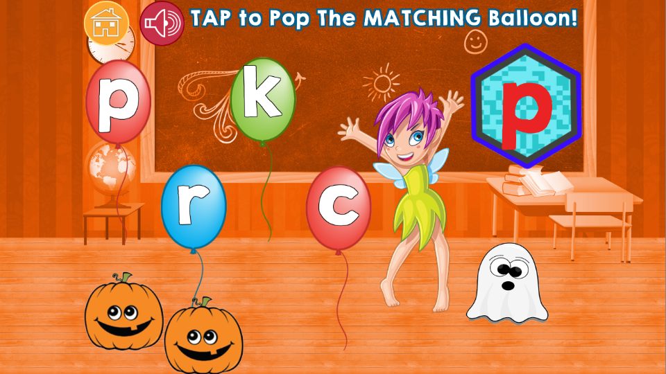 Letter balloons and a classroom board showing the matching letter p