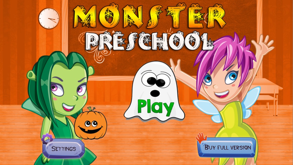 Monster Preschool game menu with a smiling pumpkin, ghost and colourful Halloween characters