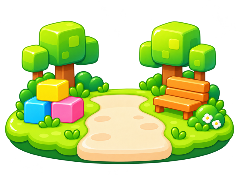 A little block-shaped park with trees, building blocks and a bench