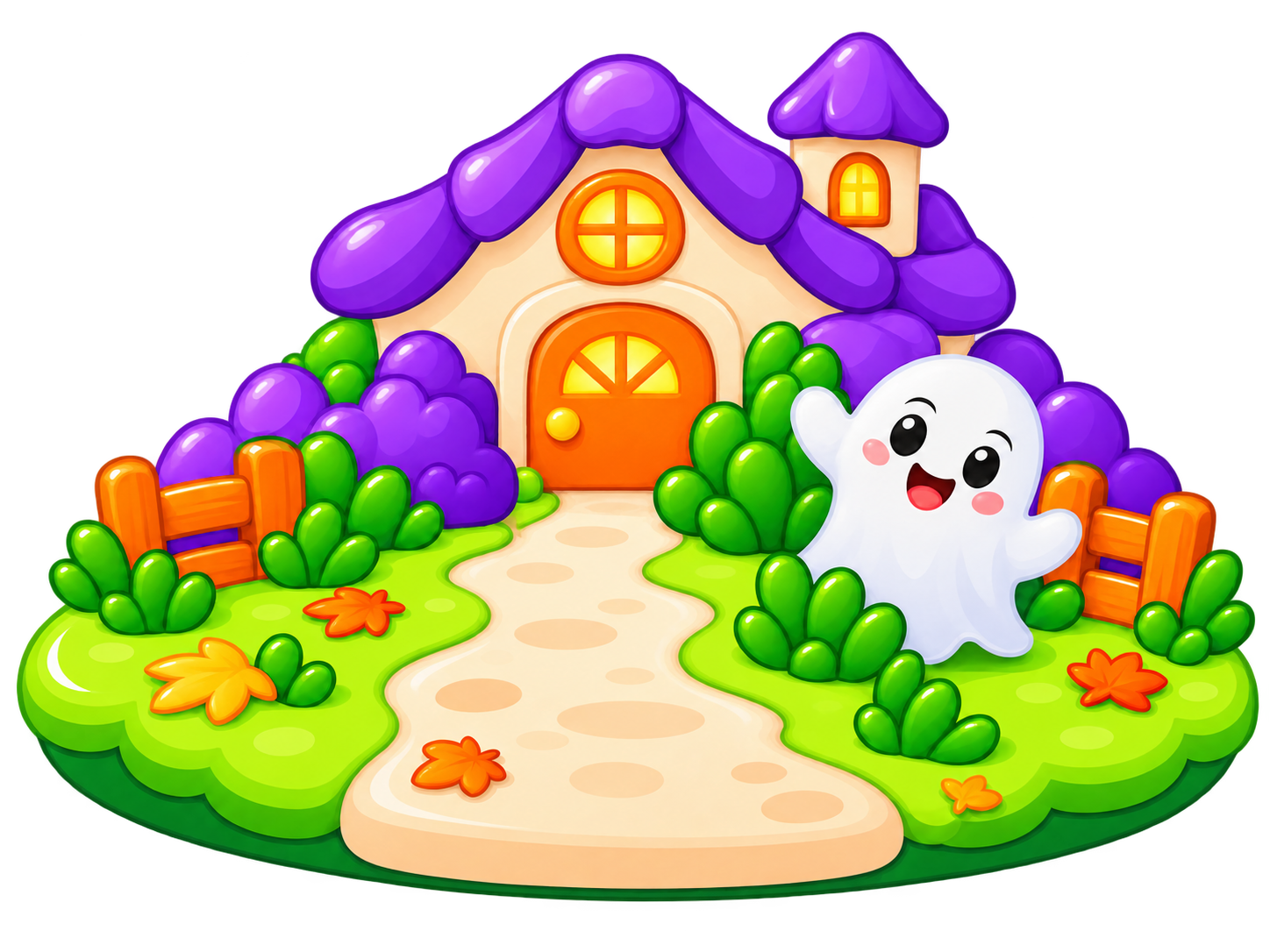 A friendly ghost beside a colourful Halloween classroom on a little floating island