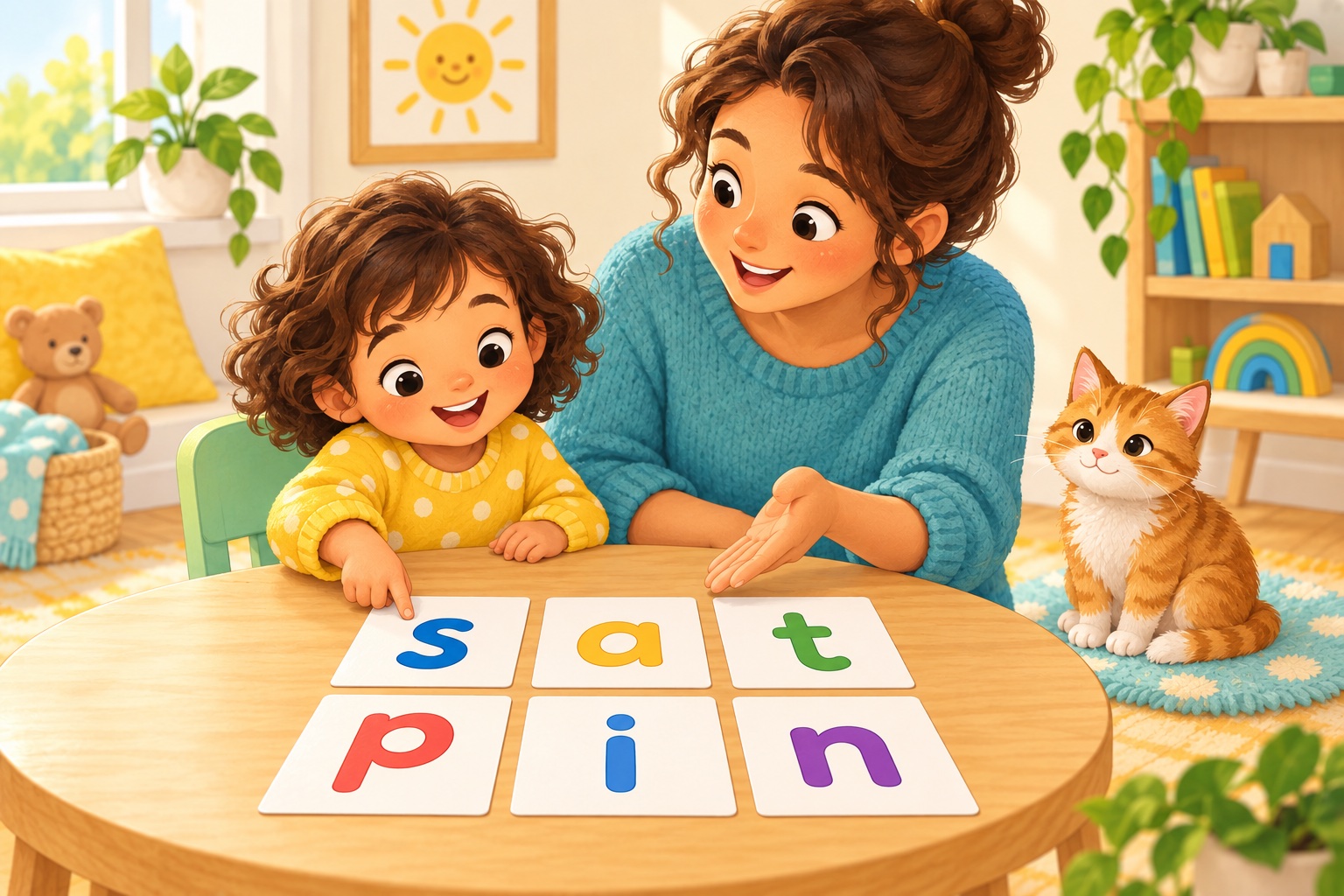Illustration of a parent and child exploring six lowercase letter cards: s, a, t, p, i and n