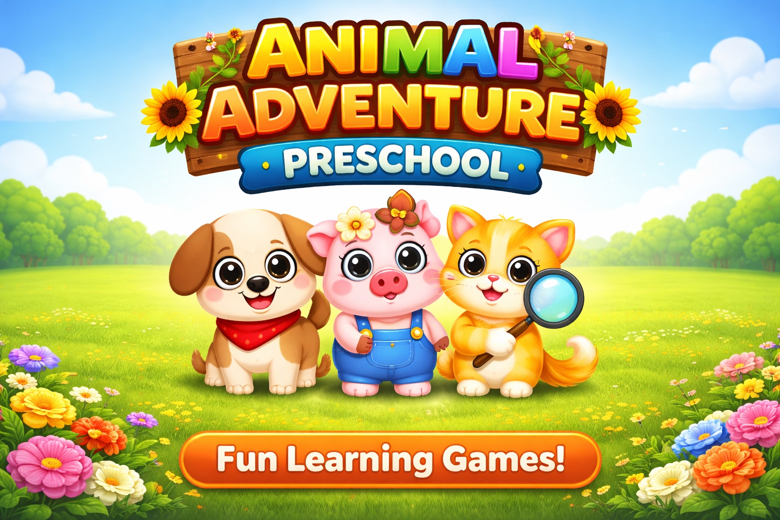 Animal Adventure artwork with cheerful dog, pig and cat characters on a sunny farm